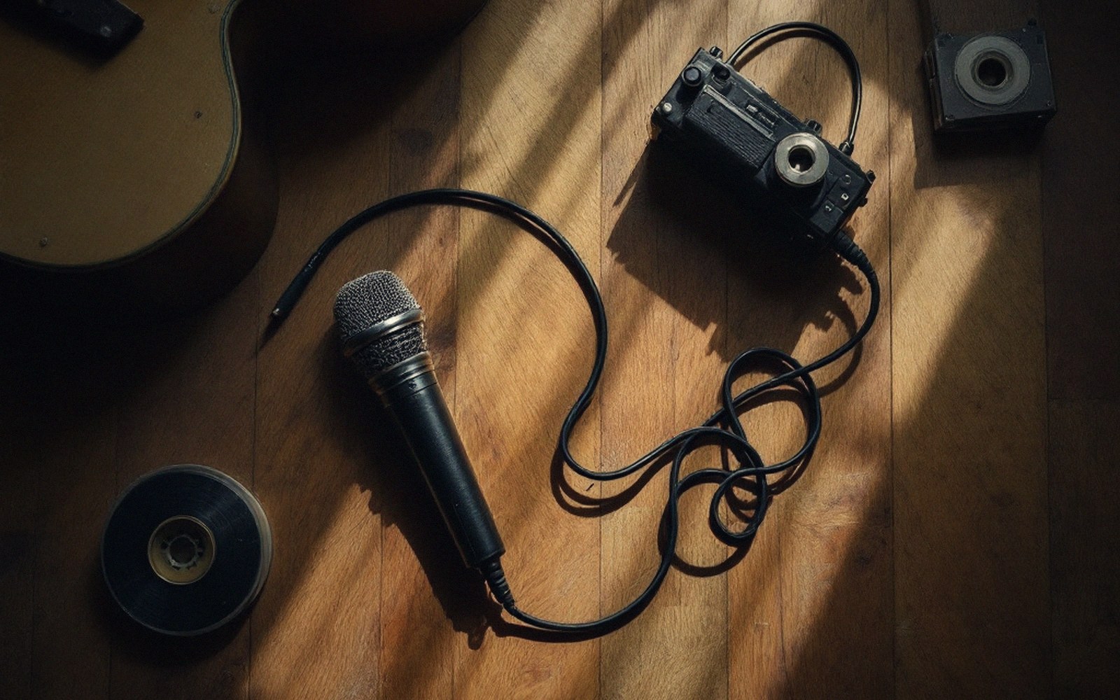 A microphone and cable coiled on a wooden floor beside a portable recorder and guitar