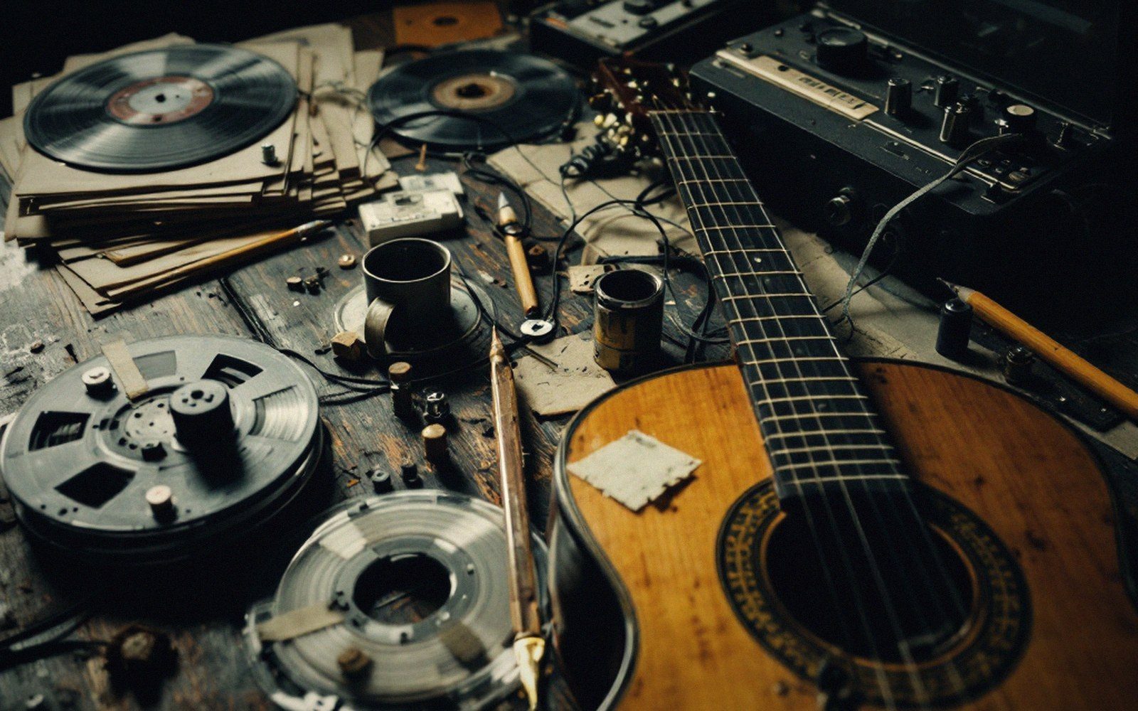 Vinyl records, tape reels, and an acoustic guitar cluttered on a wooden workbench