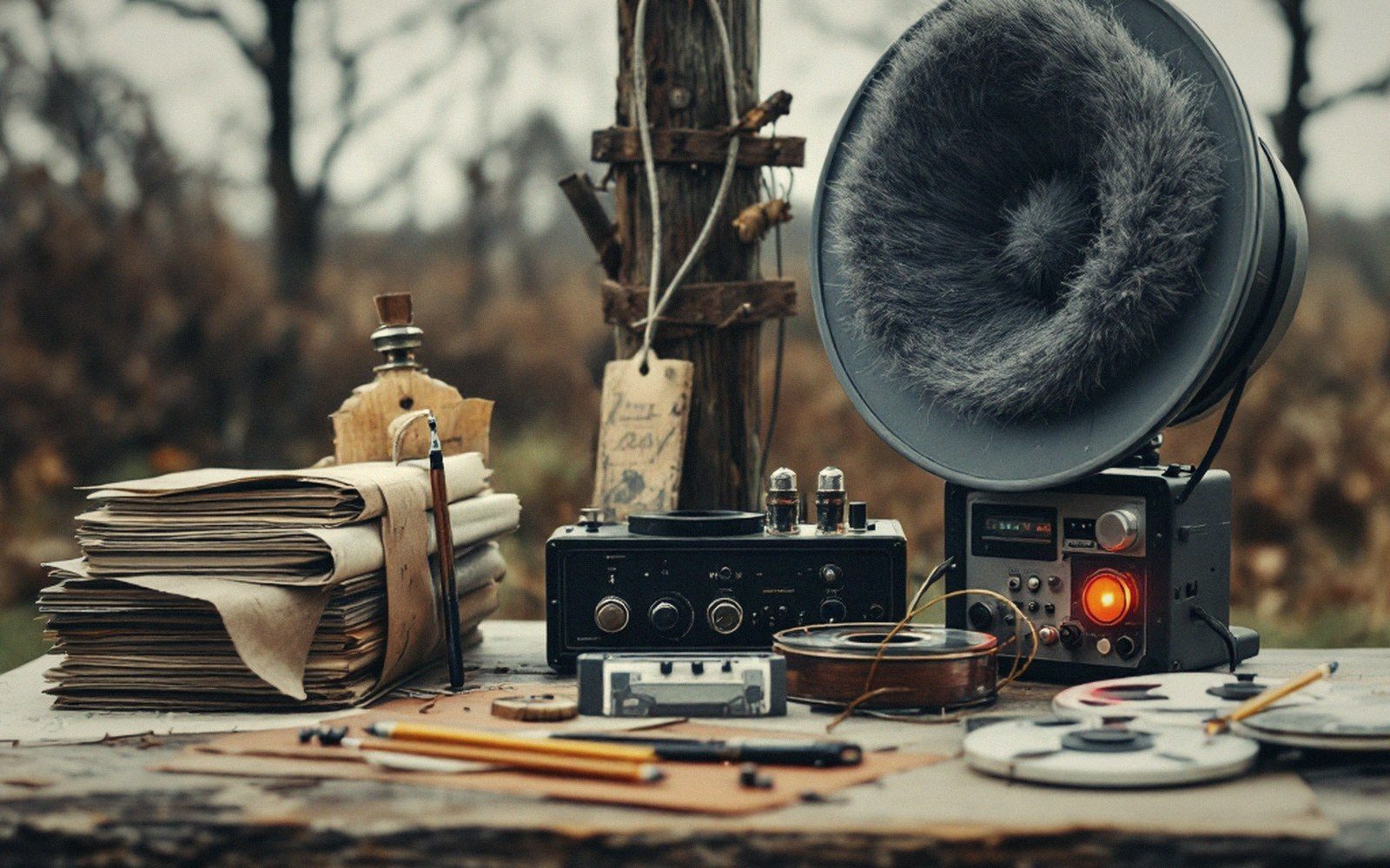 Vintage tube amplifiers, reel tape, and a fuzzy microphone windscreen sit on an outdoor table