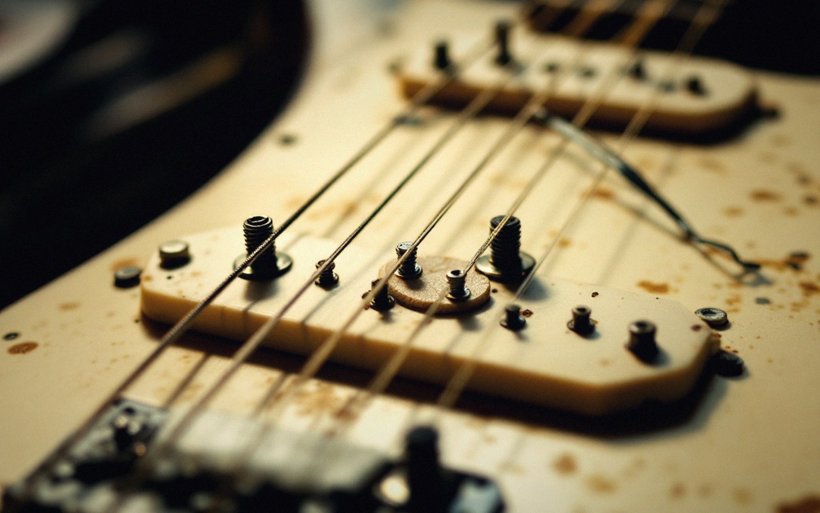 Close-up of an electric guitar's pickups and strings showing rust spots and wear