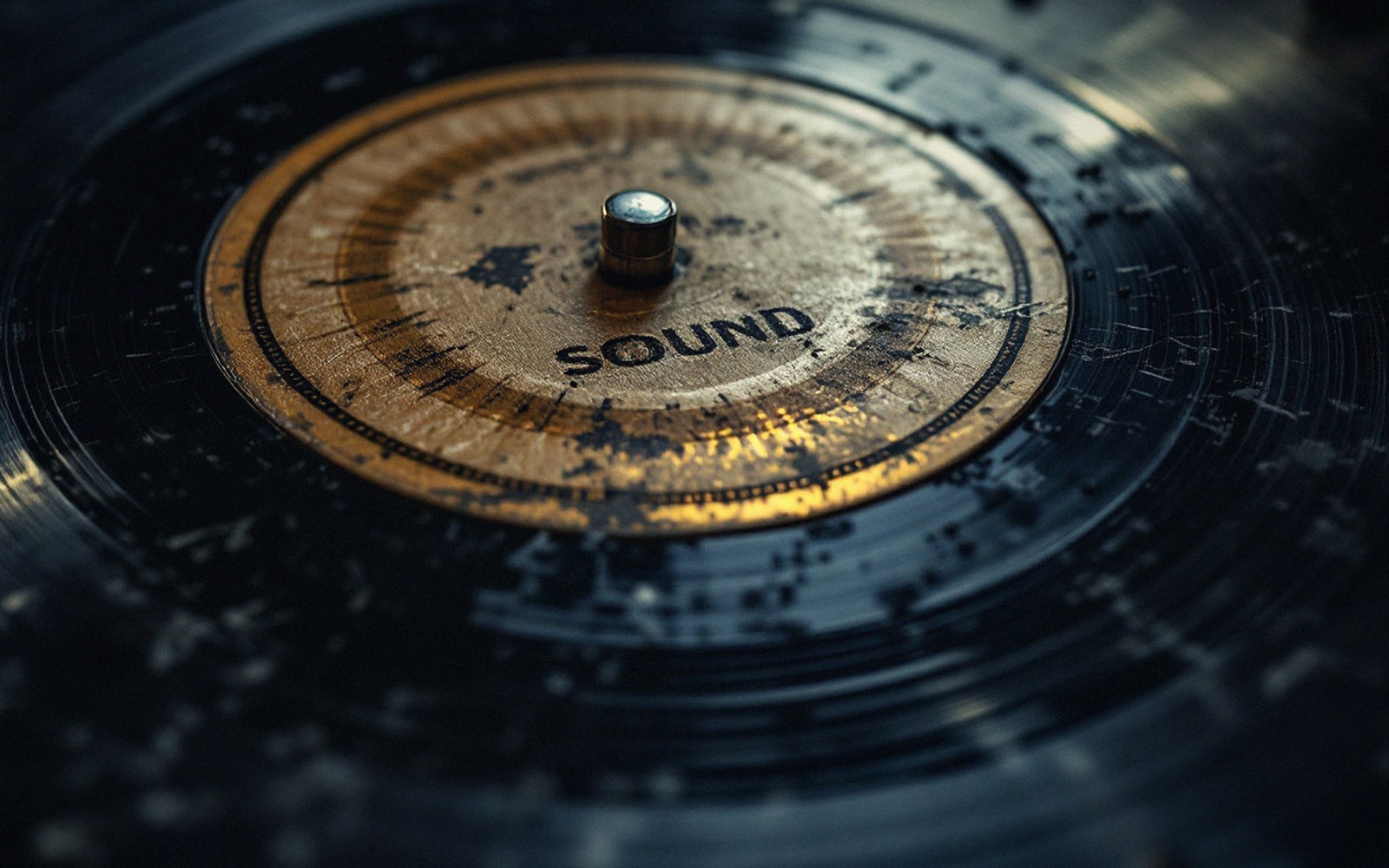 Close-up of a worn vinyl record's label reading "sound" around the turntable spindle