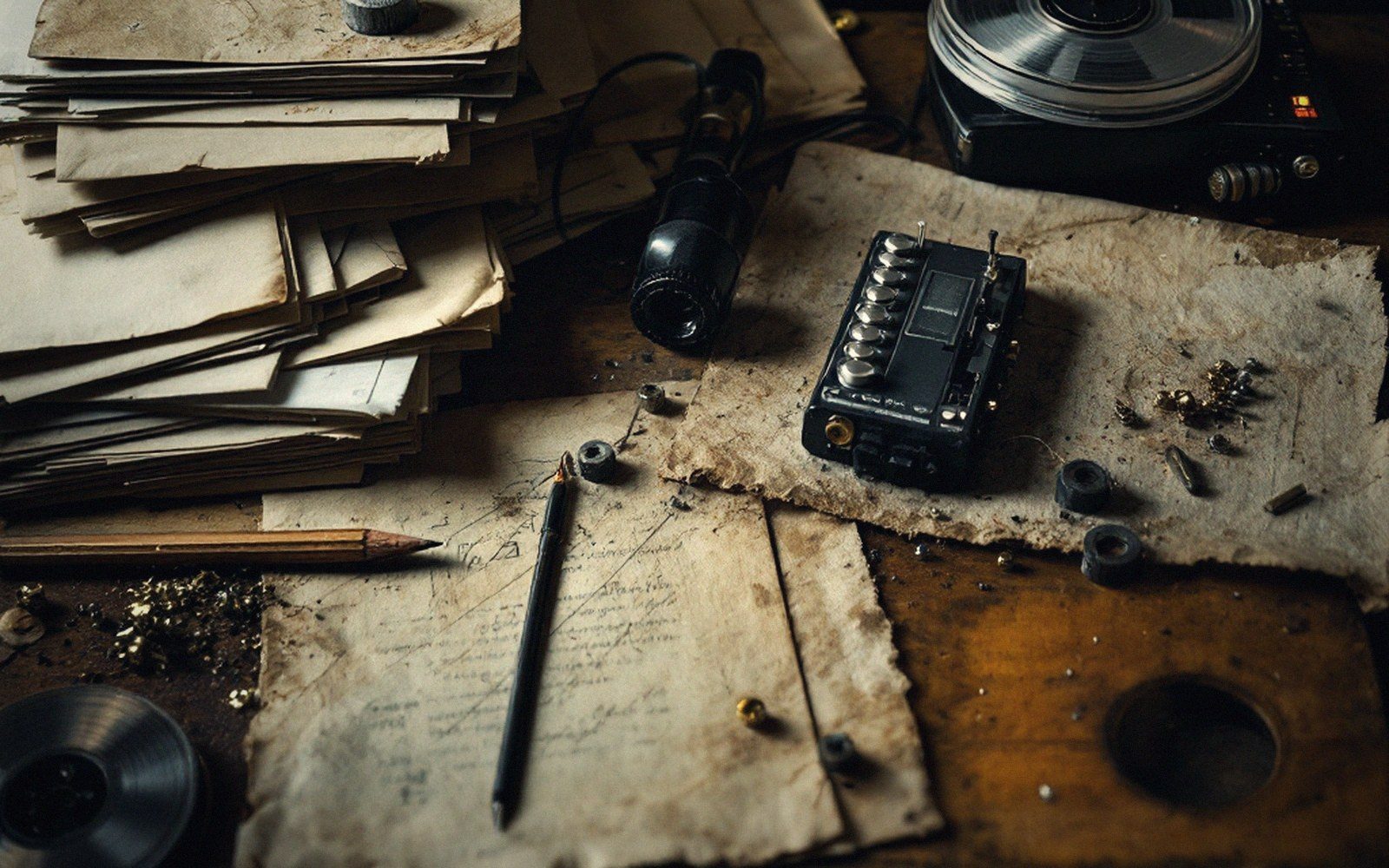 Old letters, a small mixing device and reel-to-reel tape cover a worn wooden desk