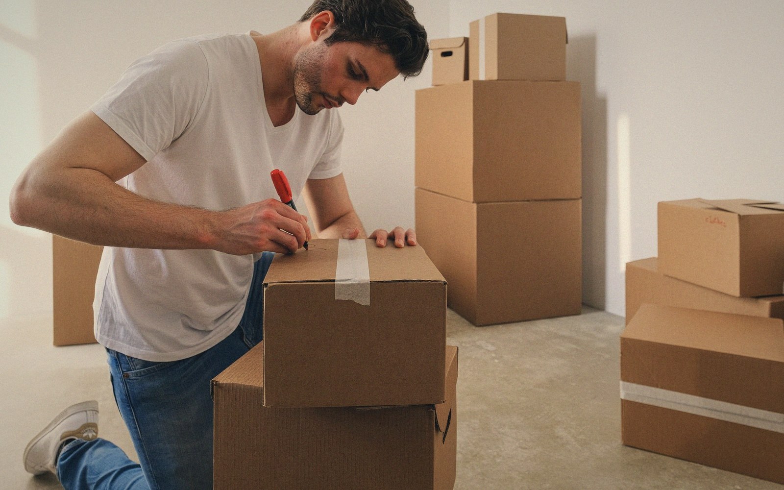 Man kneeling on floor labels a cardboard moving box with a marker